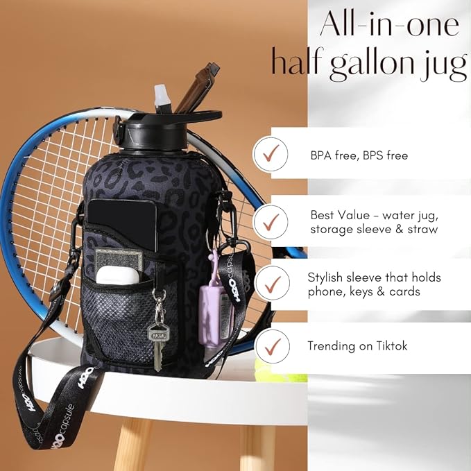 H2O Capsule 2.2L Half Gallon Water Bottle with Storage Sleeve and Removable Straw – BPA Free Large Reusable Drink Container with Handle - Big Sports Jug, 2.2 Liter (74 Ounce), Black Leopard
