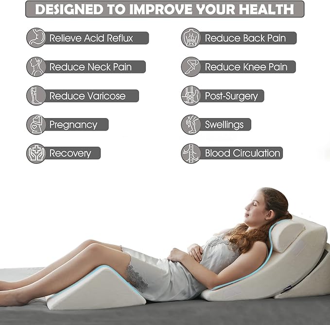 Ganaver 4pcs Orthopedic Bed Wedge Pillow Set Post Surgery Relaxing Back Adjustable Head Support Cushion Triangle Memory Foam Pillow for Acid Reflux Sleeping Reading Leg Elevation Snoring White