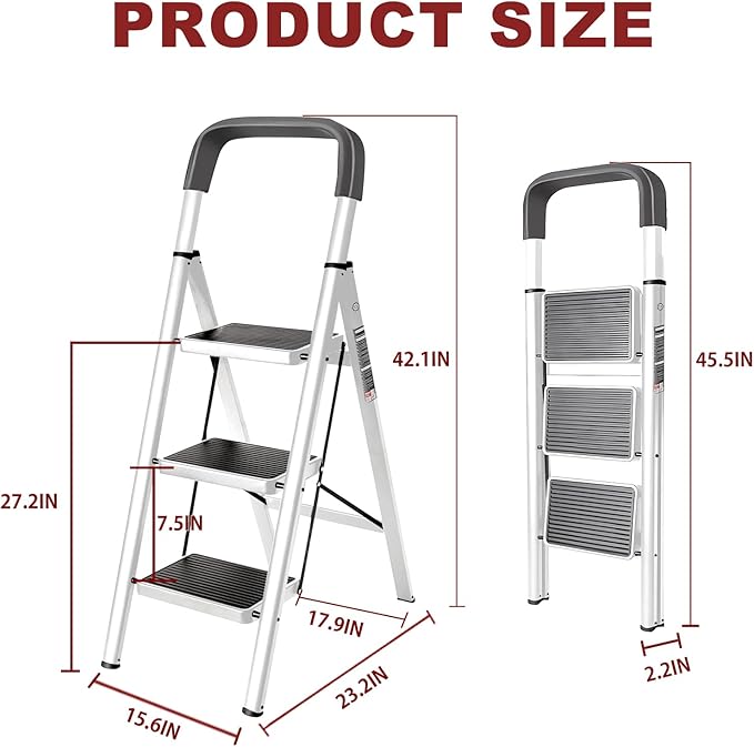 3 Step Ladder with Anti-Slip and Wide Pedal 220 lbs Capacity Folding Step Ladder for Household Kitchen Office(F-White, 3-Step with Handrail)