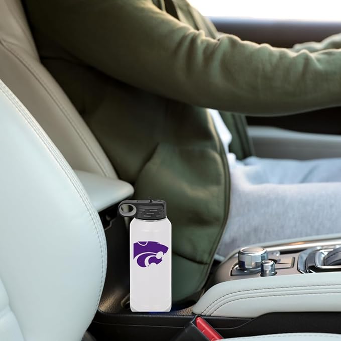 Kansas State University 32oz Stainless Steel Double Walled White Beverage Bottle with Flip Straw Spout - College Gear for Playoff Season – For Office, Home or Auto – Show your Wildcat Pride