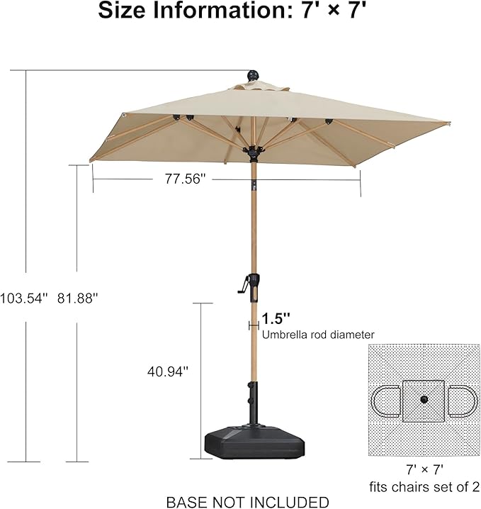PURPLE LEAF 6.5' x 6.5' Square Patio Umbrella Market Umbrella Aluminum Outdoor Table Umbrella with Push Button Tilt & 8 Sturdy Ribs and Crank Commercial Sun Umbrella for Pool Backyard Deck, Beige