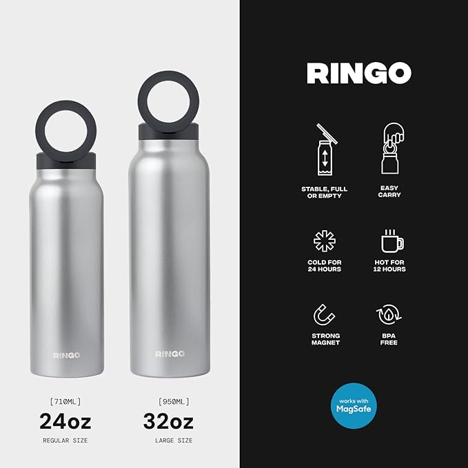 Ringo Insulated Water Bottle- Compatible MagSafe Water Bottle Phone Holder-Stainless Steel School Water Bottle Magnetic Phone Mount for Kids & Adult - Hot 12H Cold 24H 360° Rotate-Stainless Steel 24oz