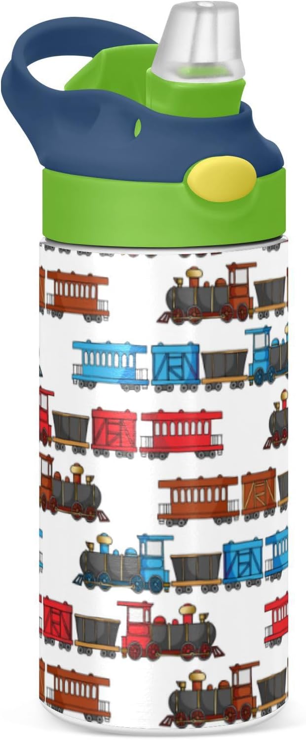 Colorful Truck Trains Railroad Kids Water Bottle with Straw Insulated Stainless Steel BPA-Free Sport Bottles for Boys Girls Toddlers 12 oz Green Lid