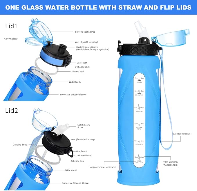 GOPPUS Glass Water Bottles with Straw and Flip Lid, Motivational Water Bottles with Time Marker Reminder and Silicone Sleeve, Leakproof, BPA Free (32 oz, Blue)