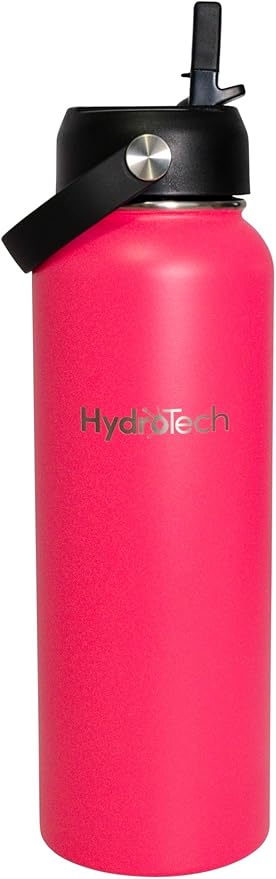 HydroTech Stainless Steel Leak Proof Water Bottle with Double Wall Insulation and 2 Lids (Straw Lid) - 40 OZ. (Pink)