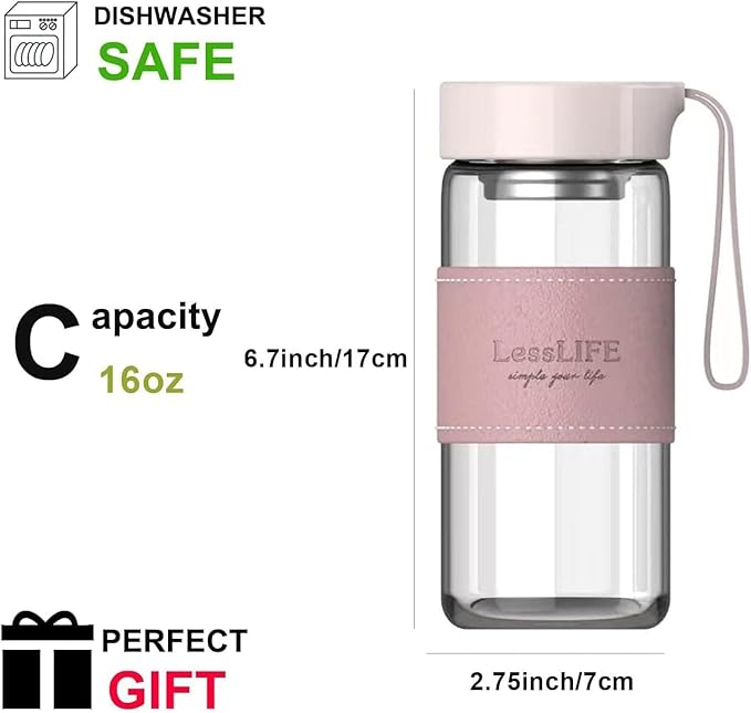 Snminetal 16 oz Borosilicate glass water bottle-with sealing cap and Holsters and filters Reusable Portable Glass drinking Bottle Apply to Make tea, coffee, office Go To School (Pink+Green)
