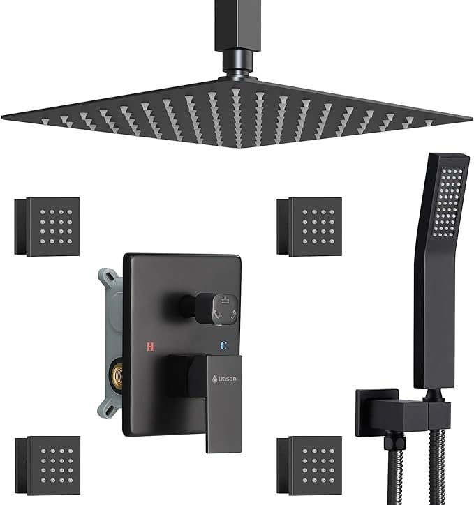 Matte Black Shower System with 4 PCS Shower Body Spray Jets & 12’’ Ceiling Shower Head & Handheld Spray, DASAN Full Body Shower Faucet System with Jets Rainfall Shower Combo Set, SA-SS03BMB-S12C