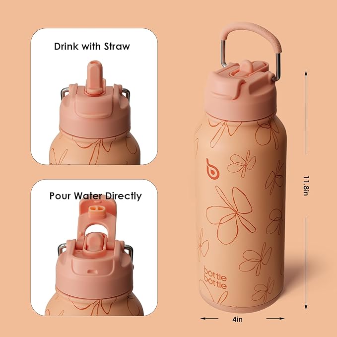 BOTTLE BOTTLE 32oz Insulated Water Bottle Stainless Steel Sport Water Bottle with Straw Dual-use Lid Design for Gym with Pill Box (yellow flower)