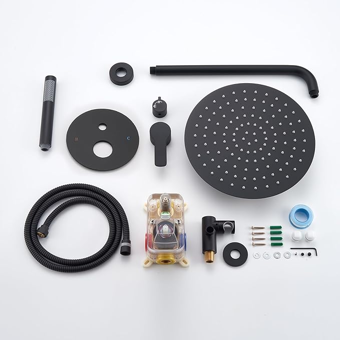 Iriber Matte black Shower System Wall Mounted Shower Faucet Mixer Set with 12 Inches Rain Shower head and Handheld, Bathroom Shower Trim Kit Contain Pressure Balance Valve