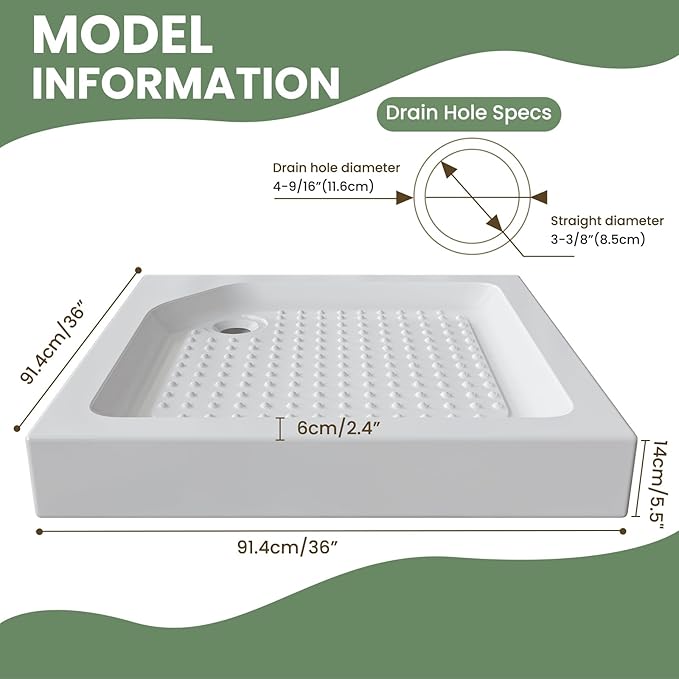 36" L x 36" W x 5.5" D Shower Base with Corner Drain, Shower Pan with Slip Resistant Textured Surface, White Acrylic and Fiberglass Shower Floor Base, Drain and Cover Included