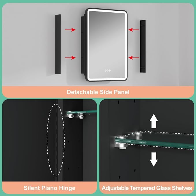 20x28 Inch Medicine Cabinet with Mirror, Recessed or Surface Mount Bathroom Medicine Cabinet with LED Lights, Anti-Fog, Memory Function, Adjustable Shelf, Dimmable Light, ETL Listed, Black,Right Hinge