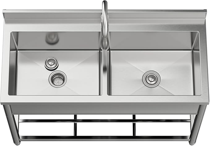 2-Compartment Commercial Sink, Stainless Steel Utility Sink with Pull-out Faucet, Free Standing Double Bowl Kitchen Sink for Restaurant, Garage, Shop, Cafe, Outoor, 21.7"D x 47.2"W x 37"H