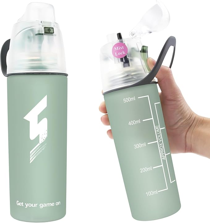 Misting Water Bottle, Spray Mist Sports Bottle for Outdoor Sport Hydration and Cooling Down, BPA-Free Misting Water Bottle with Unique Mist Lock Design (Green-18oz)
