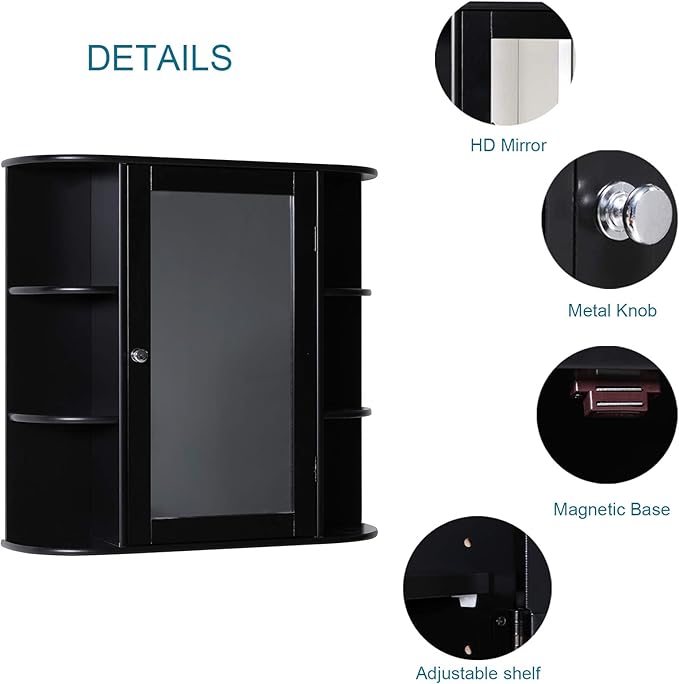 Iwell Bathroom Medicine Cabinet with Mirror, Wall Cabinet with 2 Adjustable Shelves & 6 Open Shelves, Bathroom Cabinet Wall Mounted, Over The Toilet Space Saver Storage Cabinet, Black