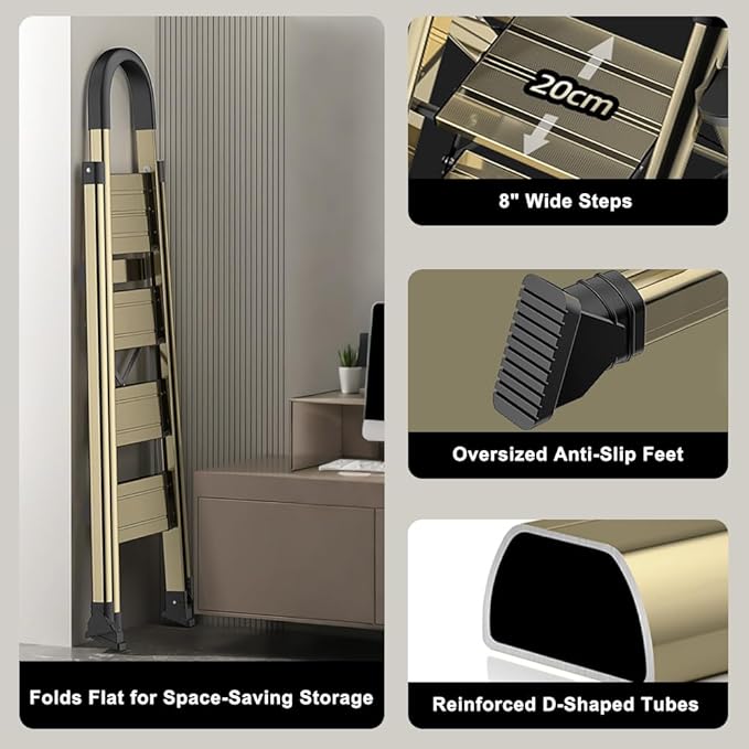 4 Step Ladder, Folding Aluminum Alloy Step Stool with Wide Anti-Slip Pedal for Adults, Champagne Gold 4 Tiers Stool with 330lbs Load Capacity for Home Kitchen Closet Garage Office