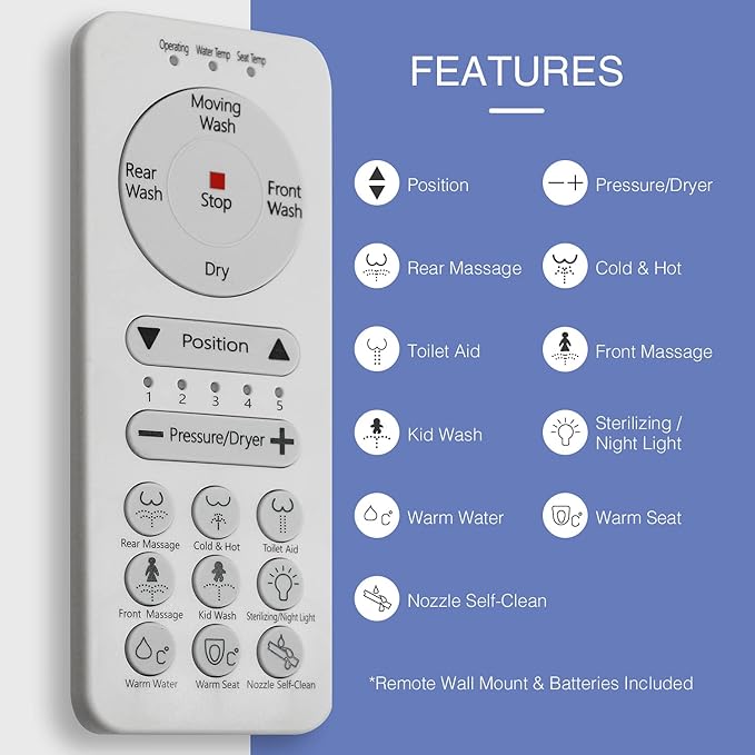 Electric Bidet Toilet Seat Elongated, Heated Toilet Seat with Bidet, Remote Control Wash, Warm Air Dryer, LED Light, Quiet Operation, Stainless Steel Nozzle, Smart Toilets (U Shape)