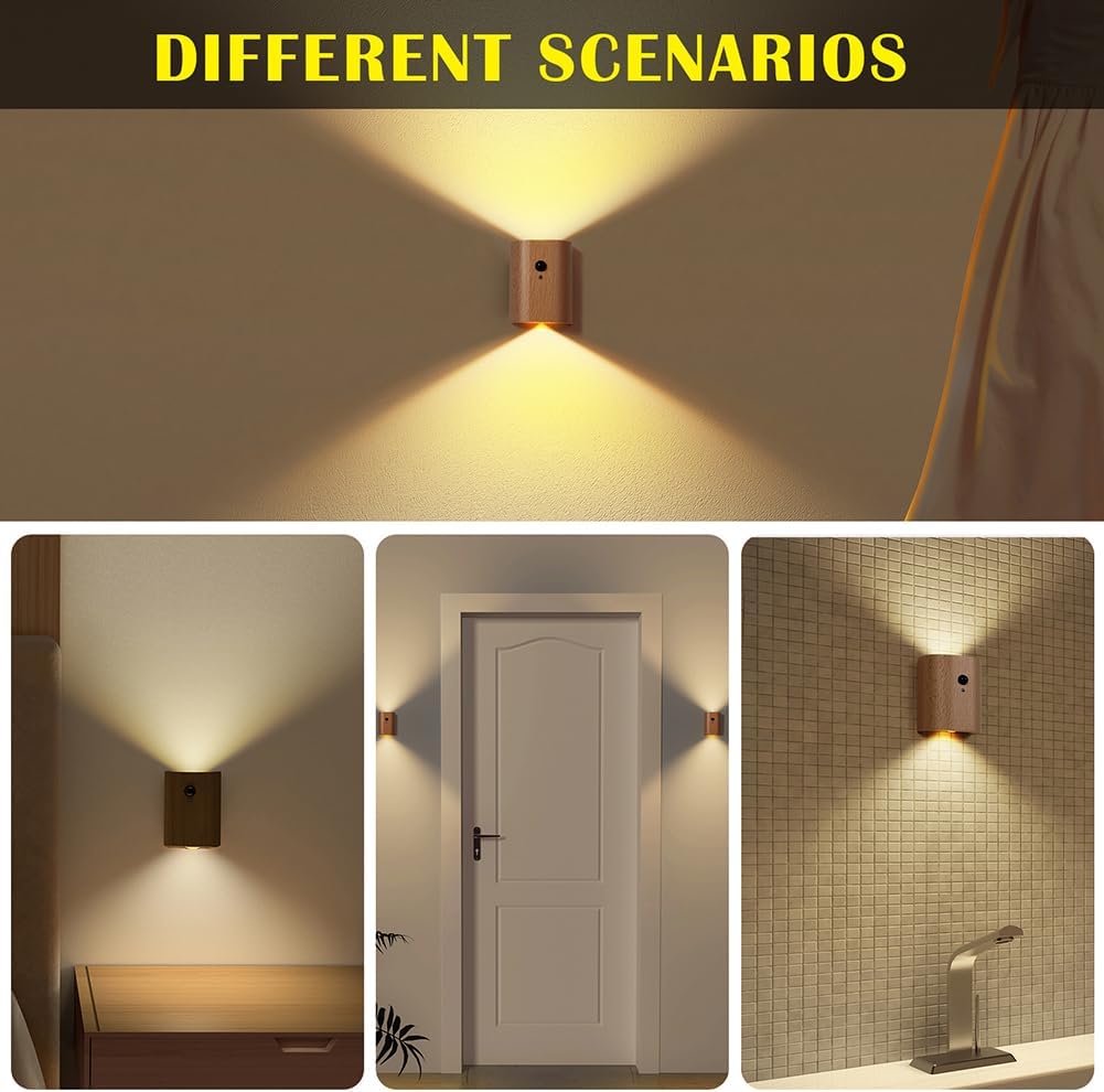 LANDGOO Wooden LED Step Lights Wall Lamp, 2700-3000K Motion Sensor Night Lights, Rechargeable Stair Lights for Hallway Indoor Lighting(White Ash Wood 2PCS)