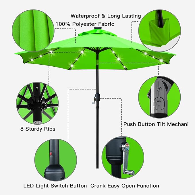 Sunnyglade 9' Solar LED Lighted Patio Umbrella with 8 Ribs/Tilt Adjustment and Crank Lift System (Grass Green)