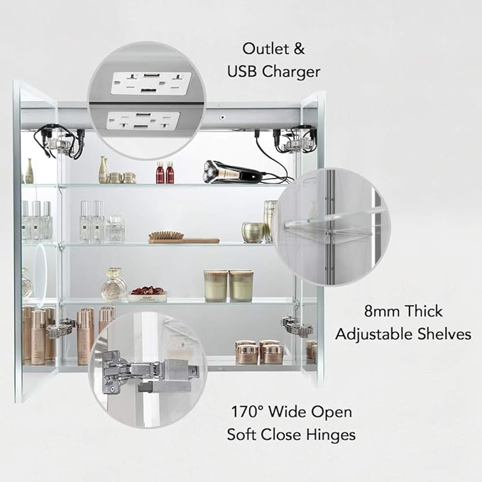 BLOSSOM Recessed or Surface LED Mirror Medicine Cabinet with Lights, LED Medicine Cabinet w/Defogger, Dimmer, 3X Makeup Mirror, Outlets & USB (30x32/Zoom Mirror)