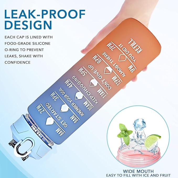 Generic Drinking Water Bottles Fitness Sports With Time Marker, 900 ml, Multiple Colors, Motivational Drinking Bottles (Blue+ Orange), XH-2081