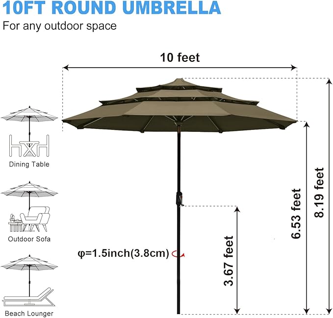 Eurmax USA 10-Year-Non-Fading 10Ft 3 Tiers Market Umbrella Outdoor Patio Umbrella Table Umbrella with 8 Ribs,Hand Crank and Ventilation (Taupe)