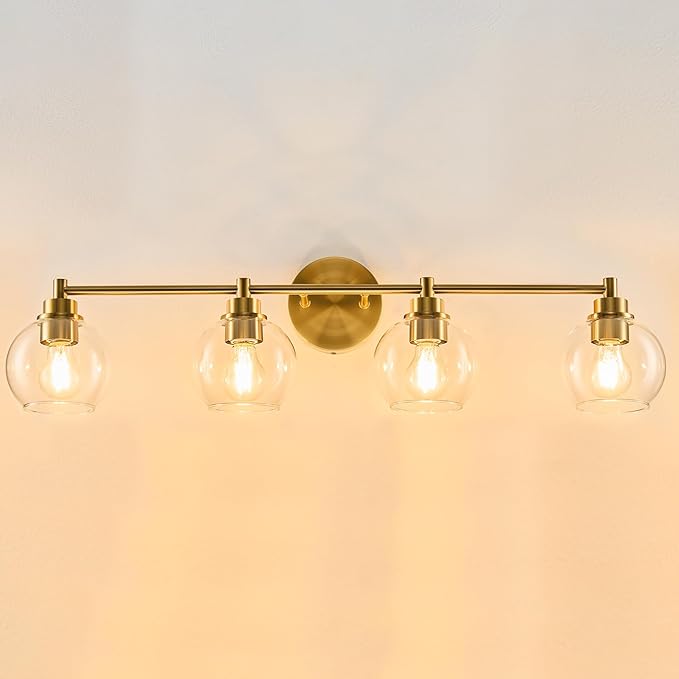 VONLUCE Bathroom Light Fixtures, 4-Light Vanity Light with Globe Glass Shades E26 Sockets, Bathroom Lights Over Mirror for Bedroom Hallway Living Room, Gold Finish
