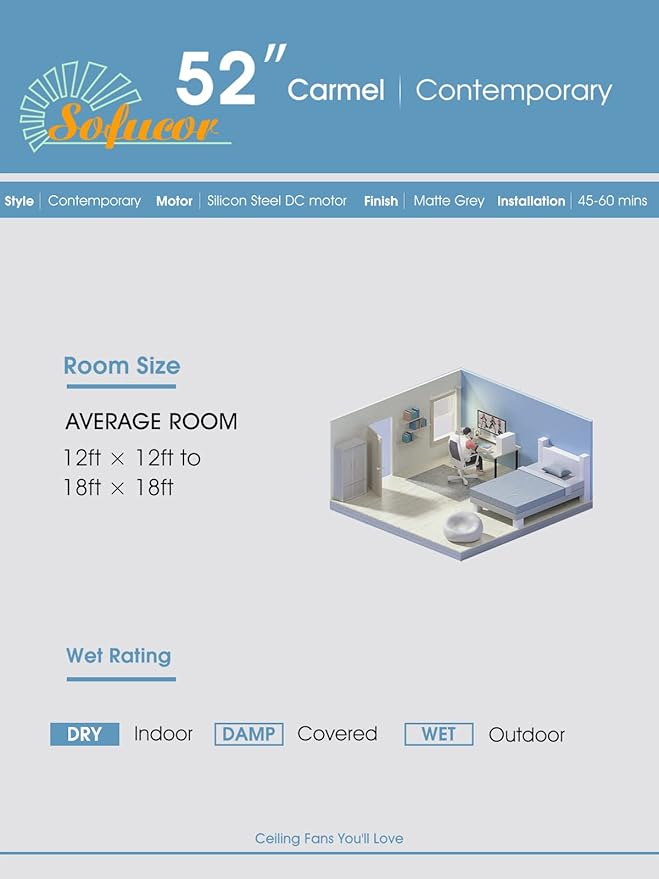 Sofucor 52'' Flush Mount Ceiling Fan without Light, Indoor Outdoor Mordern Wood Low Profile Ceiling Fan with Remote Control, Reversible Quiet DC Motor, 6 Speed, for Farmhouse Bedroom Patio Porch