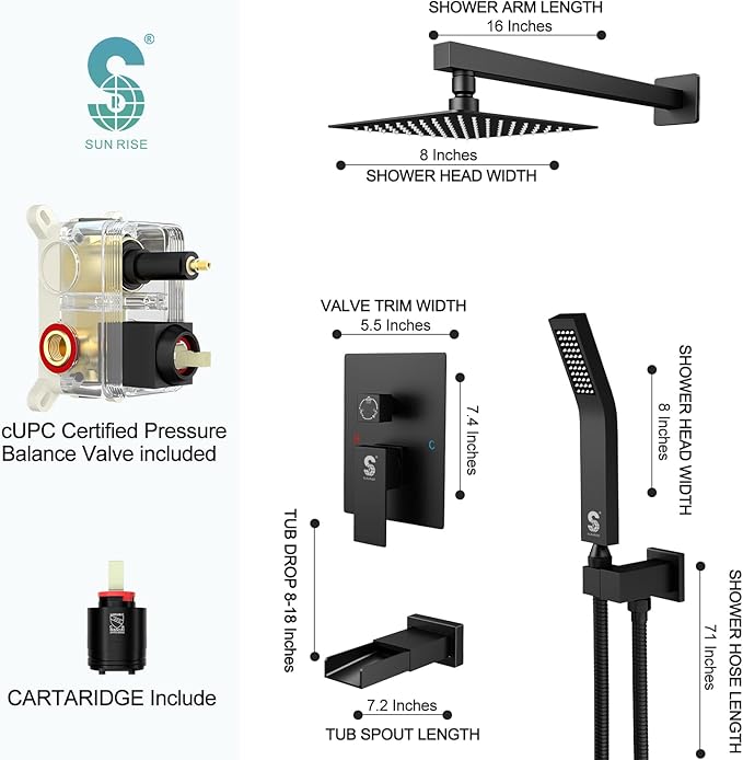 SR SUN RISE 8 Inches All Metal Bathtub and Shower Faucet Combo Shower System with Tub Spout, Shower Tub Faucets Sets Complete Shower Head with Handheld Shower Fixtures, Valve Included, Matte Black