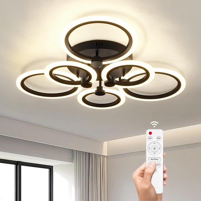 Modern LED Ceiling Light,Dimmable 6 Rings Flush Mount Ceiling Light Fixtures,3000K-6500K 81W Ring Ceiling Lamp with Remote for Bedroom,Dining Room,Living Room,Black