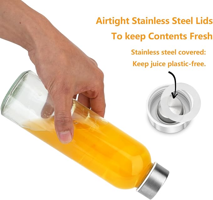 Glass Juice Bottles with Lids for Juicing 24 oz, Reusable Clear Glass Water Bottles with Stainless Steel Airtight Cap for Refrigerator, 100% Leak Proof, BPA Free, ECO Friendly, Set of 3, Gold