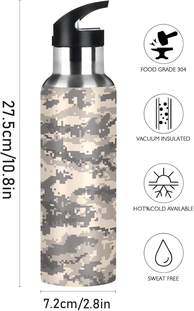 Blueangle Brown Desert Digital Camouflage Stainless Steel Water Bottle 2-Layered Vacuum Insulated Containers Keeps Drinks Cold with No Condensation - BPA Free Water Bottle, 22oz