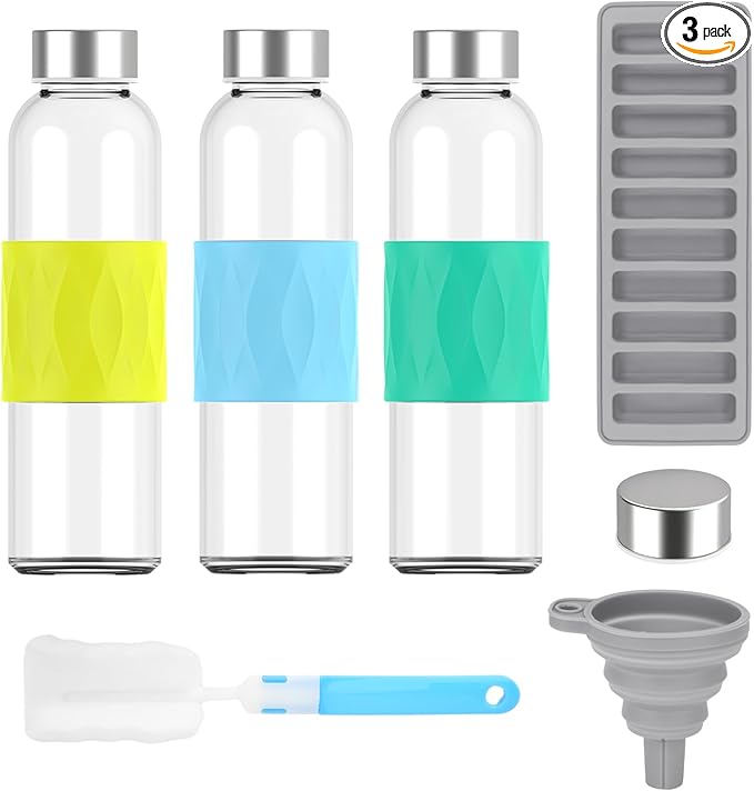 Clear Glass Water Bottles with Silicone Sleeve and Lids 18 oz, Reusable Glass Juice Bottles with Stainless Steel Airtight Cap for Juicing, Leak Proof Drinking Bottles, BPA Free, Set of 3, YBG