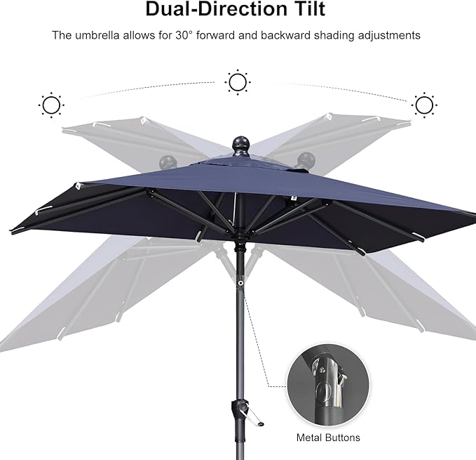 PURPLE LEAF 6.5' x 6.5' Square Patio Umbrella Outdoor Table Umbrella Aluminum Frame Market Umbrella Sun Umbrella with 8 Sturdy Ribs Tilt for Garden Deck Lawn Pool Light Navy Blue