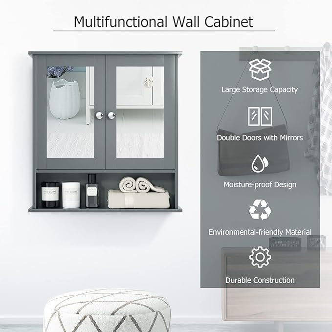 Tangkula Bathroom Medicine Cabinet with Mirror, Wall Mounted Wooden Hanging Organizer with Doors and Shelves, Bathroom Wall Mirror Cabinet (Mirror Doors, Gray)