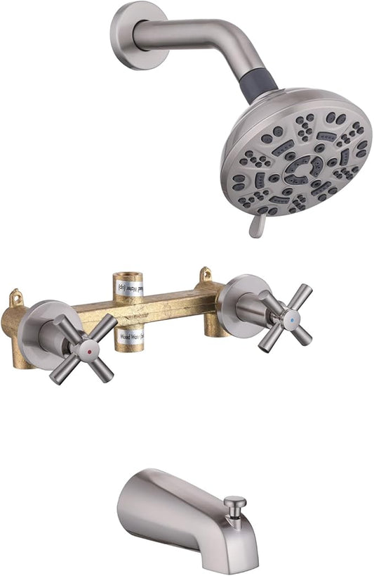 2 Handles Shower Faucet Set with Tub Spout Bathtub Shower Faucet Combo Set Shower System Complete Tub and Shower Trim Kit Wall Mounted Shower Fixtures Brushed Nickel