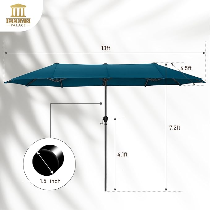 HERA'S PALACE 13 Ft Double-Sided Twin Patio Umbrella, Outdoor Double Sided Market Patio Umbrella with Crank, Powerful UV Protective (Cerulean)