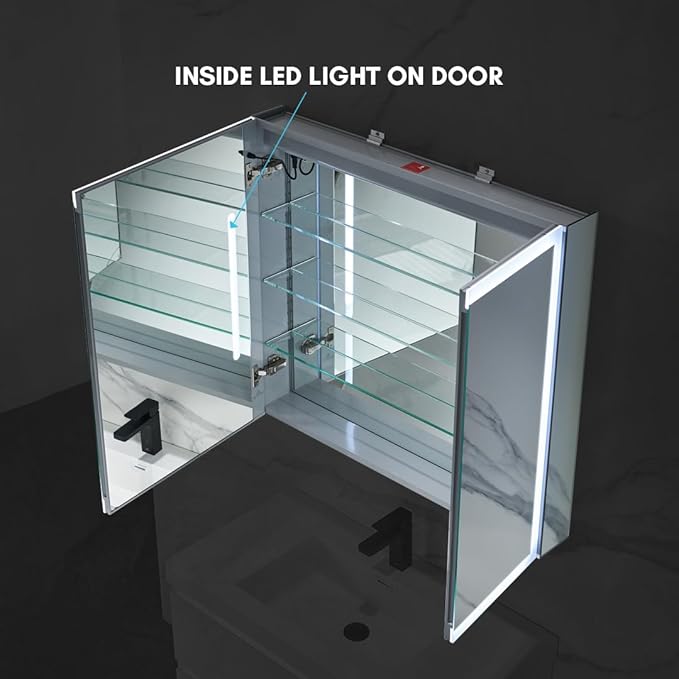 Blossom LED Mirror Medicine Cabinet with Lights, 36x32 Inch | Wall Mounted LED Lighted Bathroom Medicine Cabinet | Recessed or Surface with Defogger, 3 Color Dimmer | Makeup Mirror with Lights