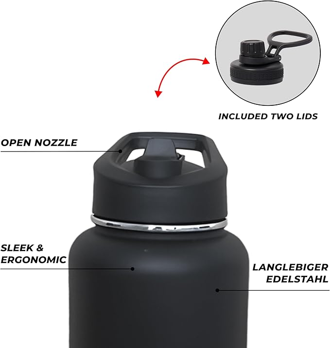 HYDRATE Insulated Stainless Steel Water Bottle - Large Reusable Flask with Leak-Proof Design and Convenient Handle - Double Vacuum Insulation for School, Work, or Adventure