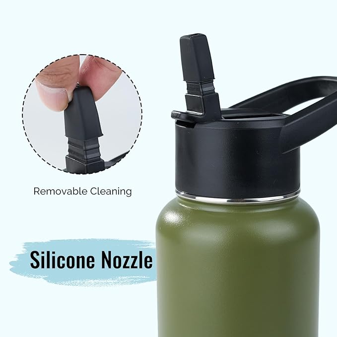 Stainless Steel Water bottle with Straw & Wide Mouth Lid, Wide Rotating Handle, 40oz Double Wall Vacuum Insulated Water Bottle Leak Proof, BPA Free, Keep Cold and Hot, 40oz, Army Green