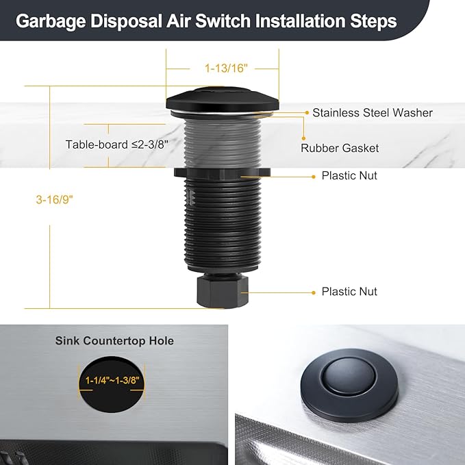 Garbage Disposal Air Switch Kit, Sink Button Food Waste Disposals Part On/Off Air Button Stainless Steel Polished (Matte Black, LONG/3.6")