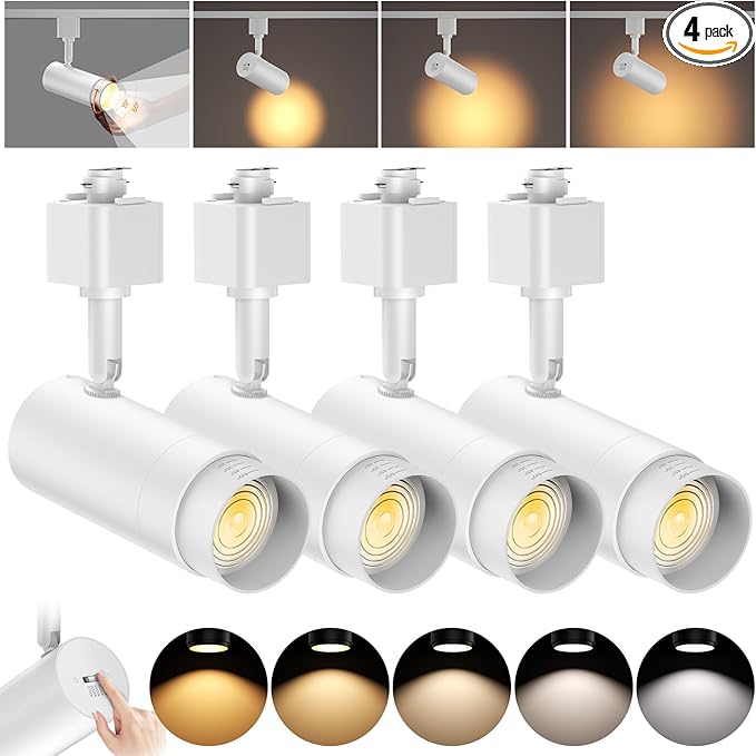 10W Zoomable 5-Color LED Track Lighting Heads H Type Track Light Heads Dimmable White Track Lights 2700K 3000k 4000k 5000k 6000K Adjustable, Bright Track Light Ceiling Fixtures 15°-60° 4 Pack