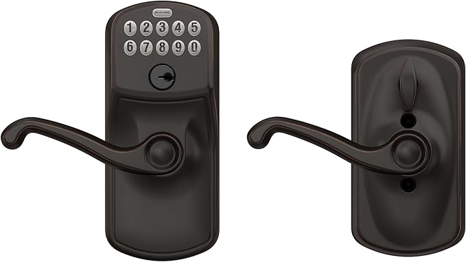 SCHLAGE FE595 PLY 716 FLA Plymouth Keypad Entry with Flex-Lock and Flair Style Levers, Aged Bronze
