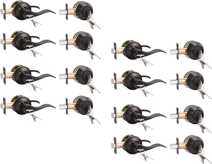 KNOBWELL 8 Pack Keyed Alike Door Lever Handle with Single Cylinder Deadbolt, Oil Rubbed Bronze Exterior Door Knob Lock Set with Deadbolt, Front Door Entry Lever Lockset and Deadbolt Combination Set