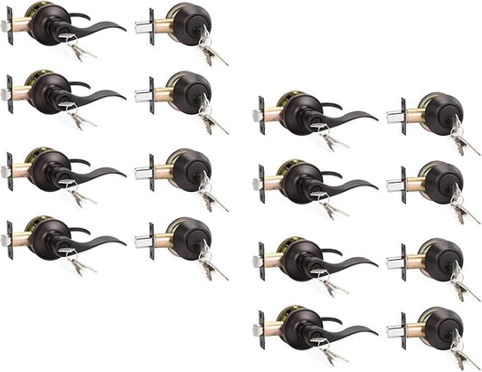 KNOBWELL 8 Pack Keyed Alike Door Lever Handle with Single Cylinder Deadbolt, Oil Rubbed Bronze Exterior Door Knob Lock Set with Deadbolt, Front Door Entry Lever Lockset and Deadbolt Combination Set