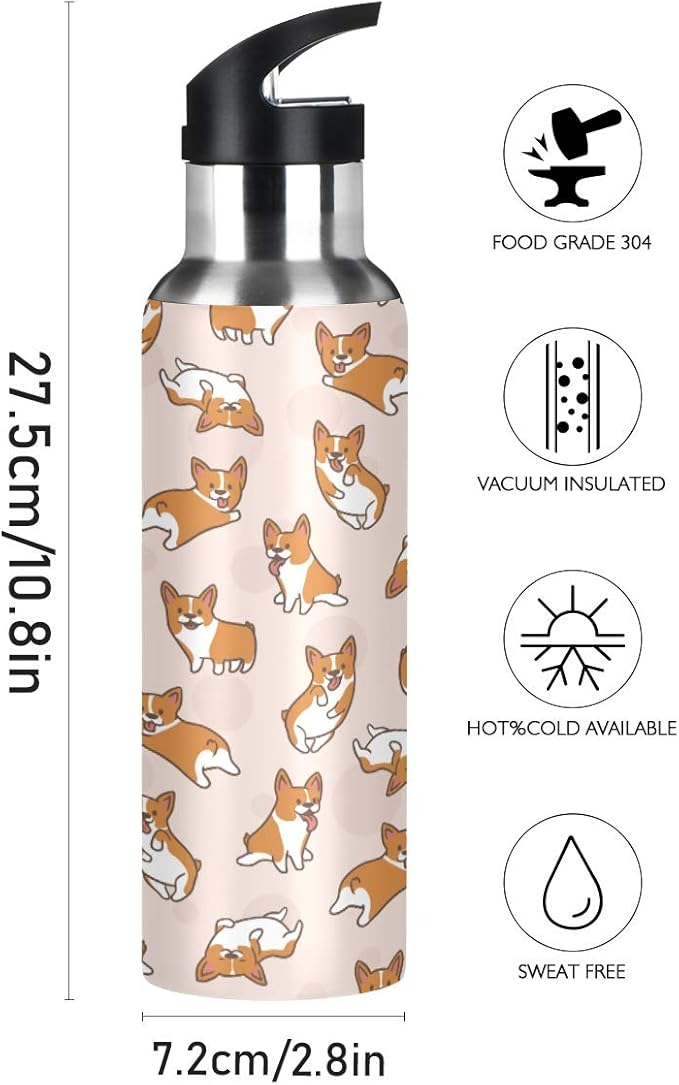 Blueangle 22 OZ Cartoon Corgis Pattern Water Bottle with Straw, Sports Water Bottle BPA Free Stainless Steel Water Jugs for Gym, Kitchen, Working, Outdoor
