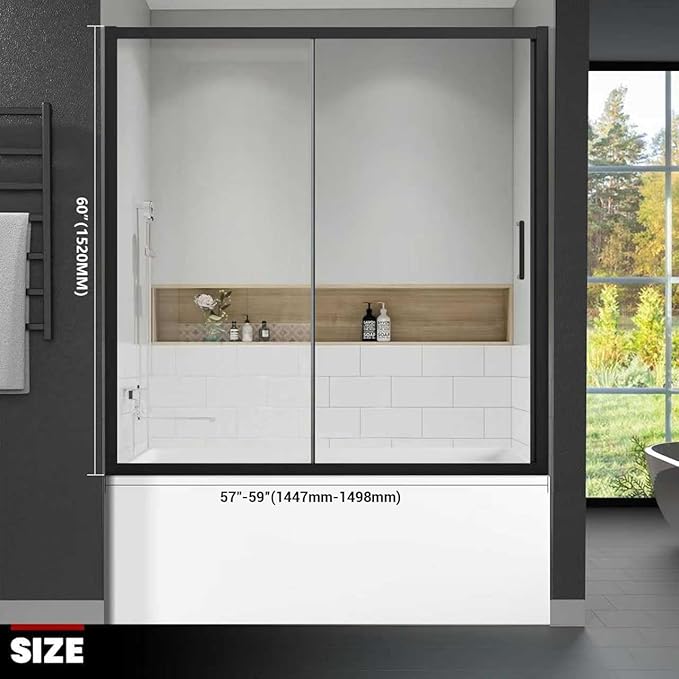 Bathtub Shower Glass Door 57"-59" W*60" H, Single Sliding Shower Doors, 1/4"(6mm) Thick Clear Tempered Glass Door, Matte Black