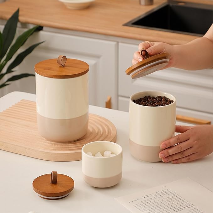 Coffee Canister, Ceramic Food Storage Jars with Lids Salt Matcha Container Brown Sugar Container Bowl for Kitchen Tea, Coffee Beans, Spice (#001Khaki-44oz/1300ml)