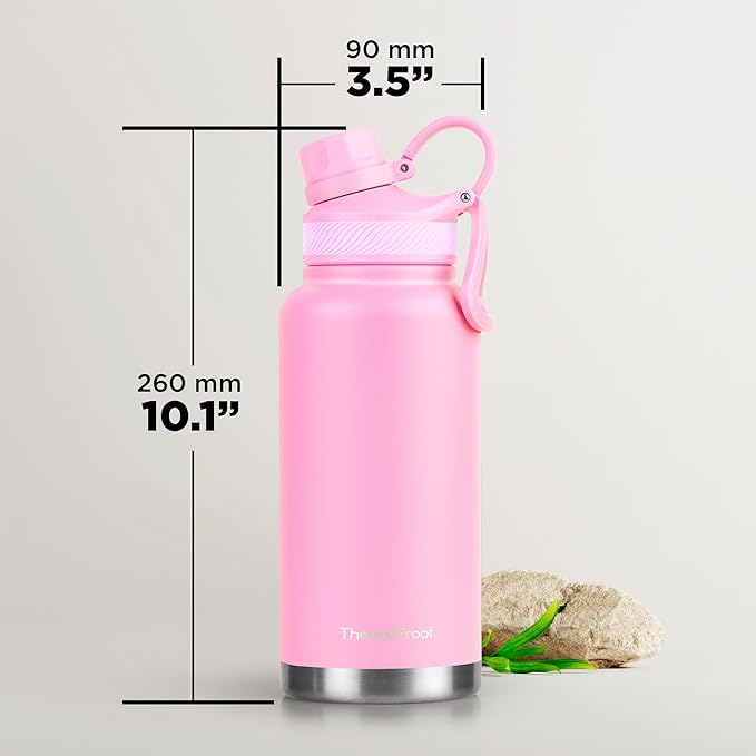ThermoProof Double Walled Vacuum Insulated Stainless Steel Water Bottle - 32oz, Straw Lid & Spout Lid - Leak Proof - Gym, Hiking Bottles for Men, Women & Kids - Hot & Cold (Pink 32oz)