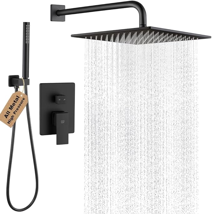 POP SANITARYWARE Matte Black Shower Faucet Set Rainfall 12 Inch Shower Head and Handle Set Bathroom Rain Shower System Wall Mounted Shower Fixture Include Shower Valve and Trim Kit