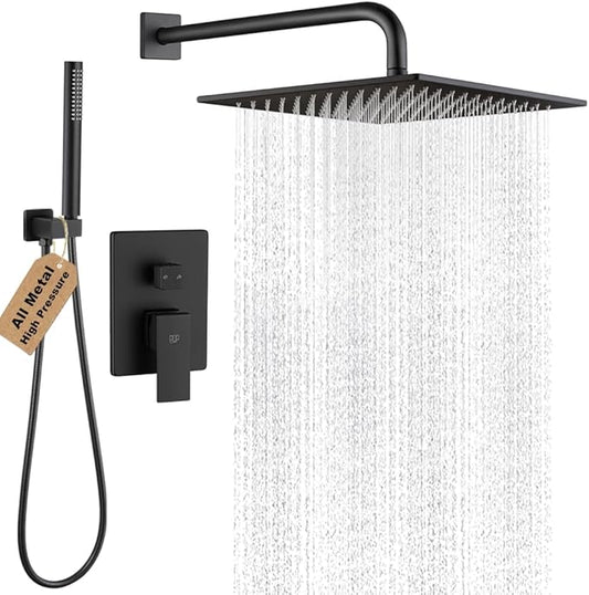 POP SANITARYWARE Matte Black Shower Faucet Set Rainfall 12 Inch Shower Head and Handle Set Bathroom Rain Shower System Wall Mounted Shower Fixture Include Shower Valve and Trim Kit